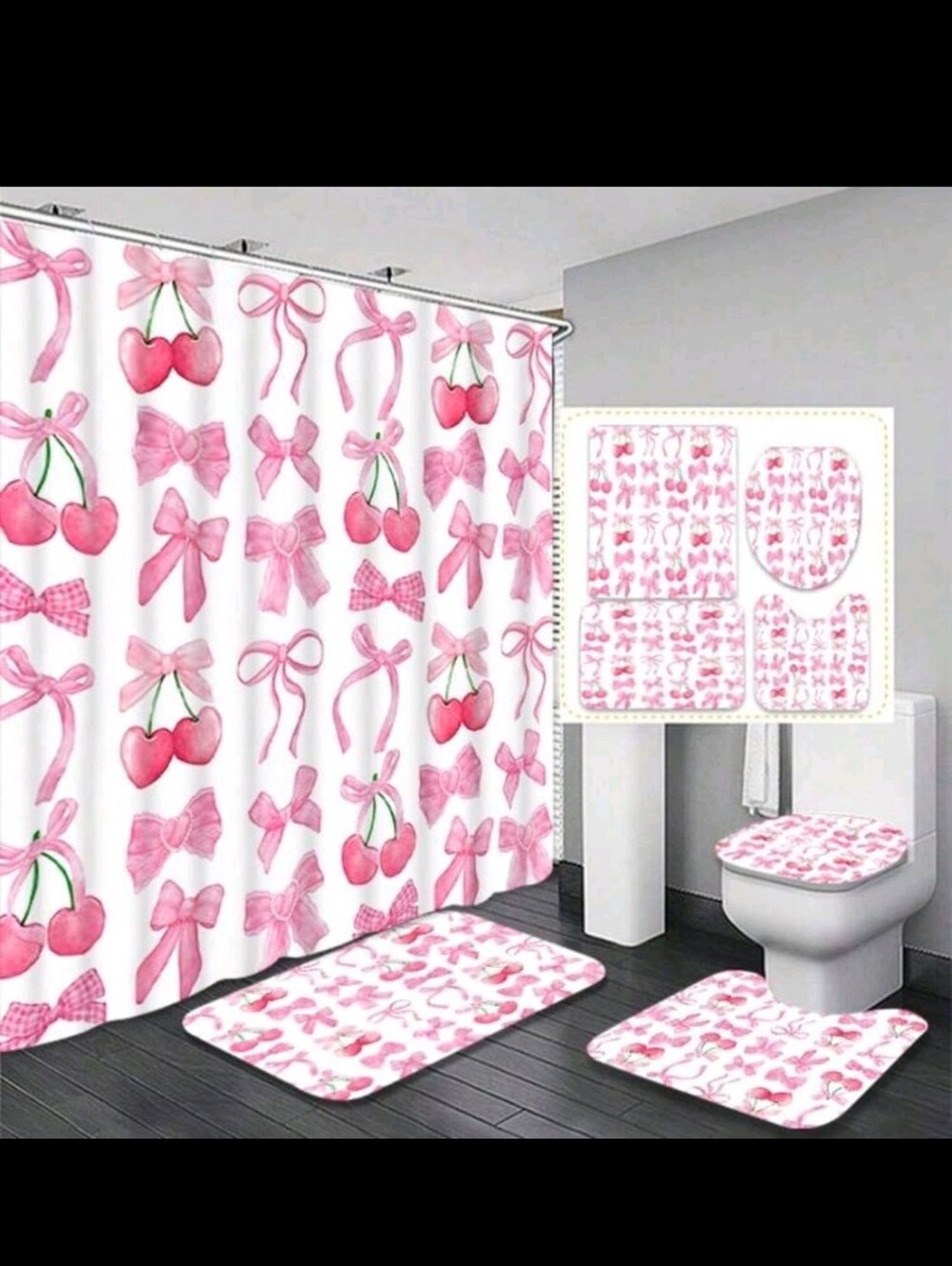Pink Cherry & Bow Bathroom Set Shower Curtain and Rugs